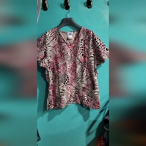 SB Scrubs, XL, neon pink/white/black scrub top, animal print
